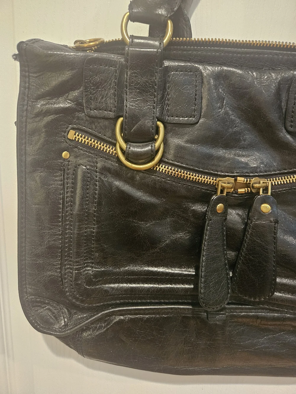 Classic Black Leather Satchel with Gold Hardware
